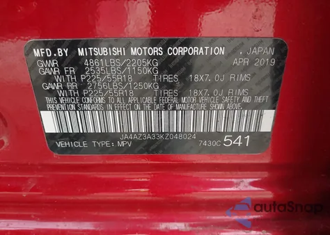 2019 Mitsubishi Outlander Se/Sel/Le from USA, damaged, VIN JA4AZ3A33KZ048024